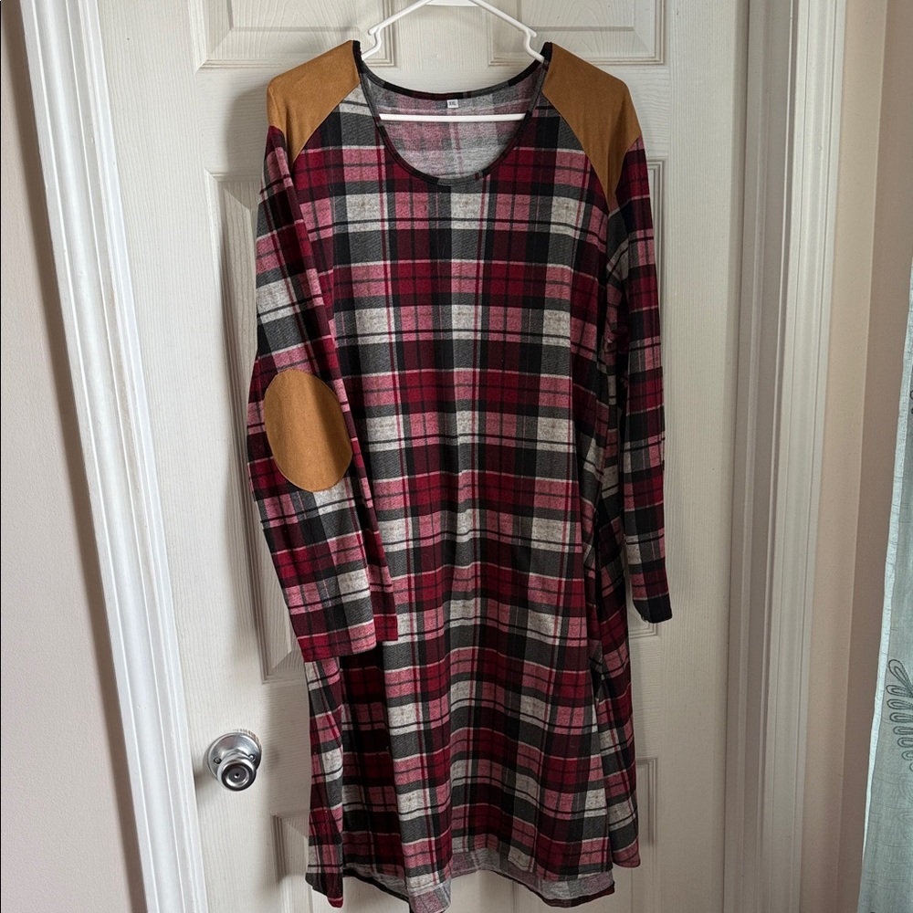 PLUS SIZE Plaid Long Sleeve Tunic Dress with Tan Suede Accents